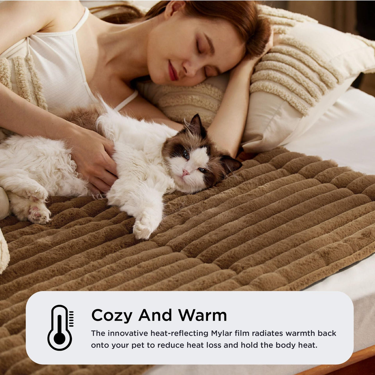 Brown faux rabbit fur pet mat with ribbed quilt surface, with a small dog resting on it.
