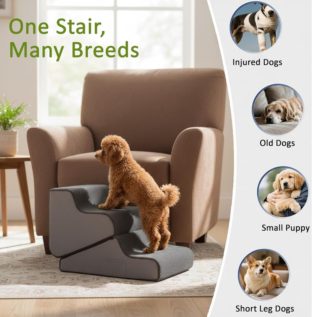 Gray and light gray foldable dog stairs for small, injured, and older dogs