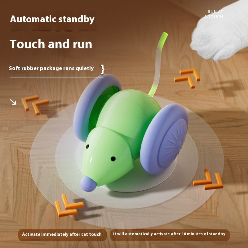 Green automatic cat teaser mouse toy with touch-and-run design and curved teaser wand