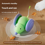 Green automatic cat teaser mouse toy with touch-and-run design and curved teaser wand
