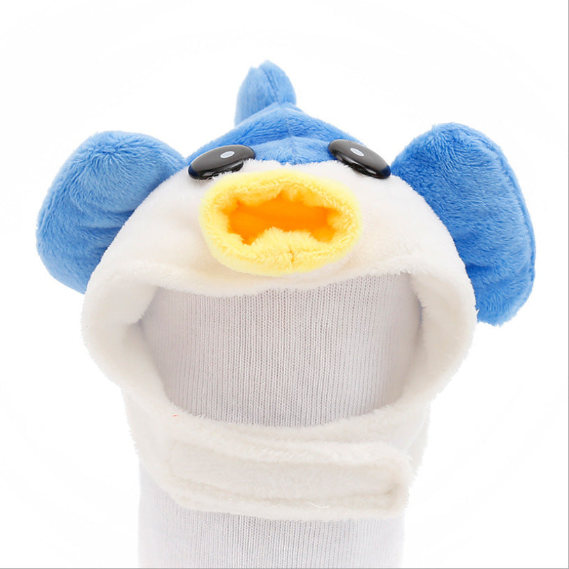Blue-and-white puffer fish plush pet hat with yellow beak