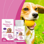 Dog with digestive care tablets bottle and box, probiotic supplement
