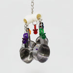 Stainless steel parrot bite toy with four hanging cups, white tube, colorful rings