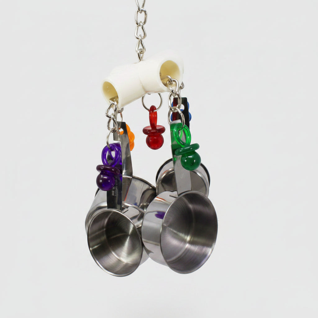 Stainless steel parrot bite toy with four hanging cups, white tube, colorful rings