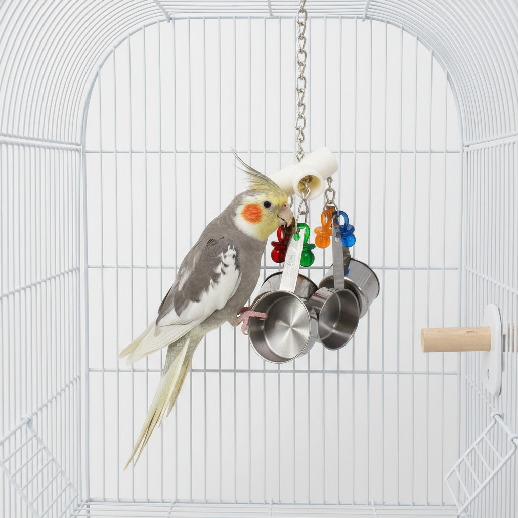 Stainless steel hanging cup and ring toy with chain and small colored beads