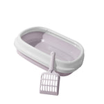 Anti-splash litter box tray in light purple with white frame and matching scoop