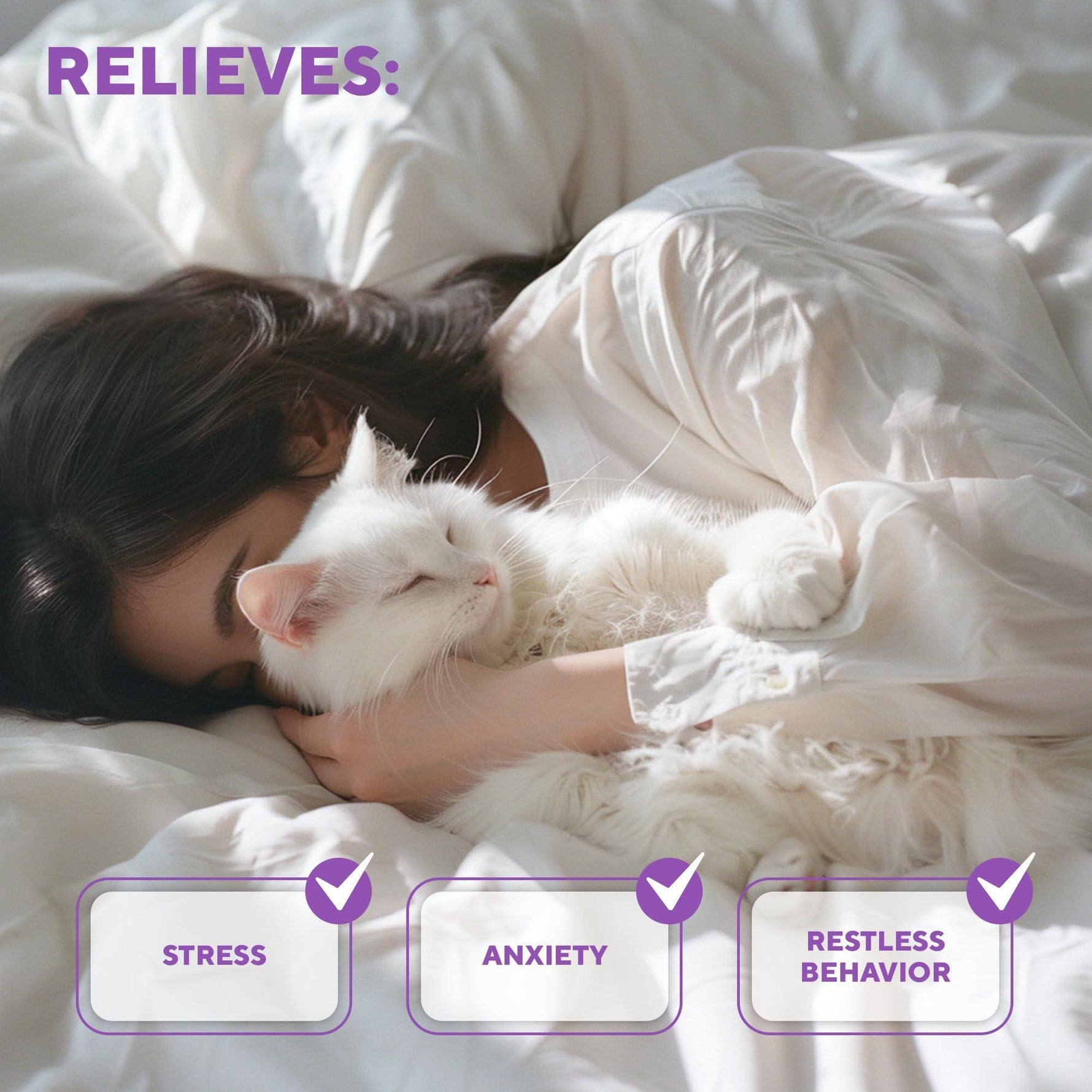 Sleeping white cat on bed with stress, anxiety, and restless behavior relief icons