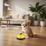 Yellow paw press pet training bell with paw-print button on a wooden floor