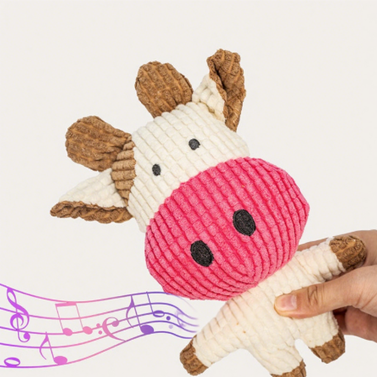 Close-up plush cow toy with pink nose, black eyes, and brown ear tips