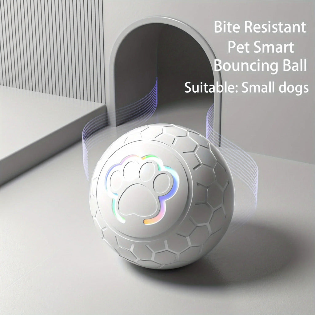 Grey bite-resistant smart bouncing ball with glowing paw icon