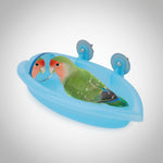 Blue bird bath with round mirror, holding two small parrots