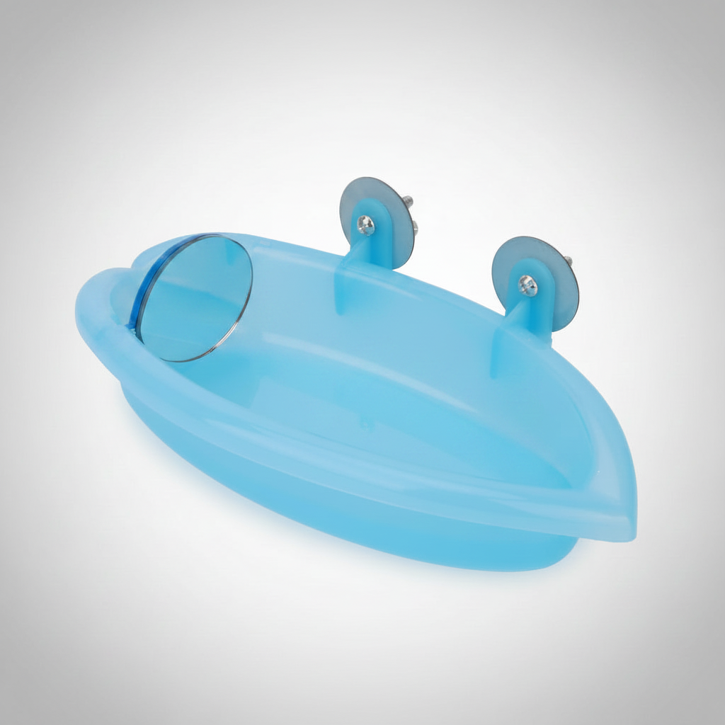 Blue bird bath with round mirror and two hanging hooks