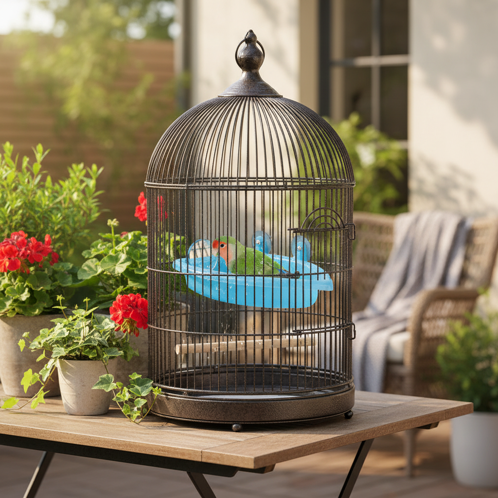 Bird bath tub with mirror hanging inside a bird cage