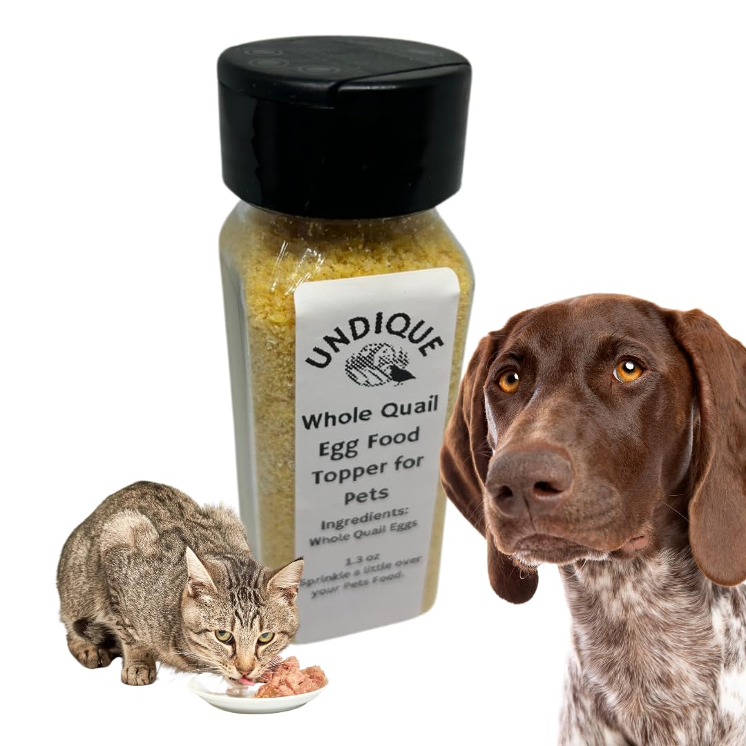 Quail egg food topper bottle with black cap beside dog and quail eggs in a bowl