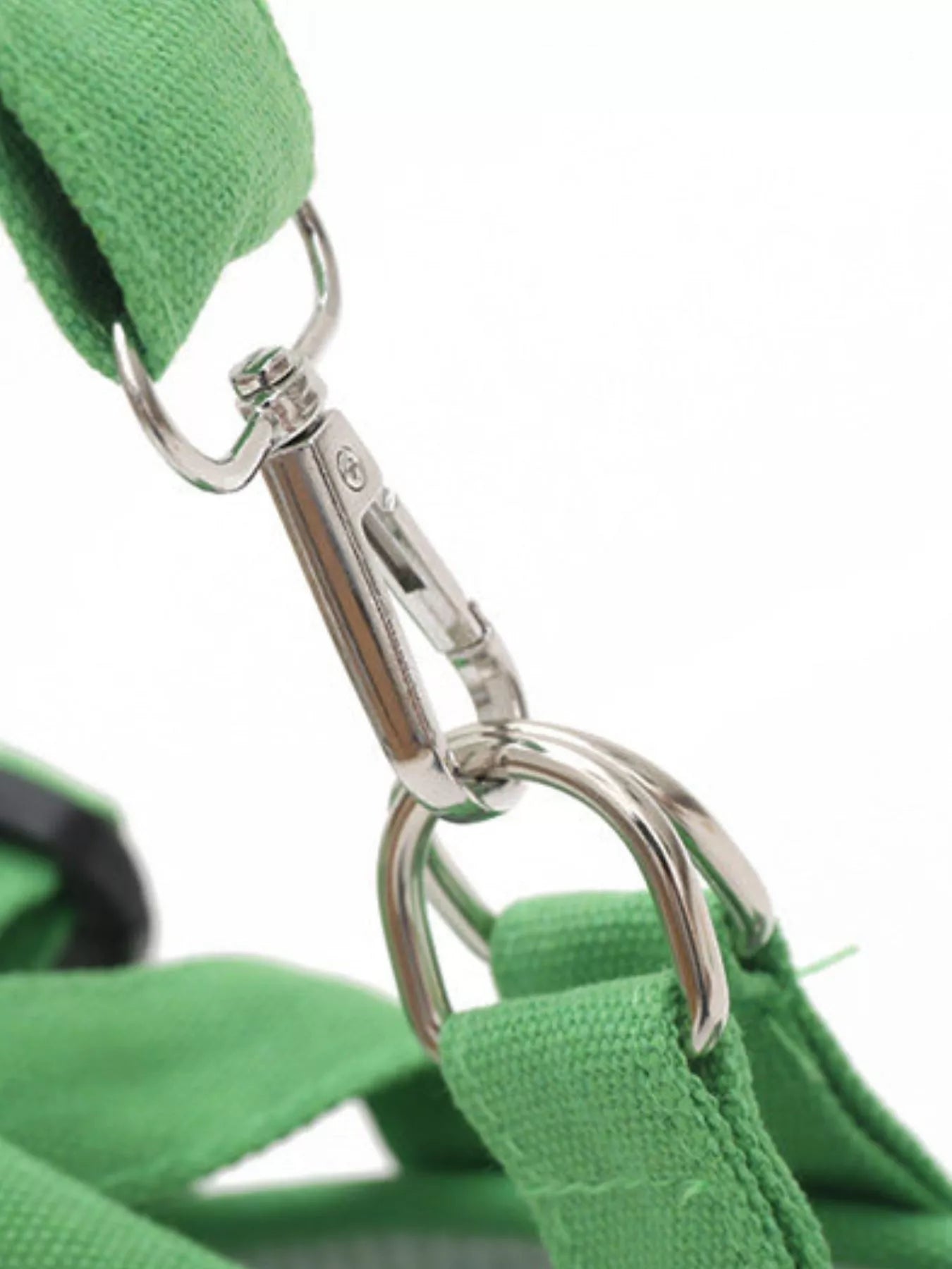 Green portable pet carrier harness with chrome clip and adjustable strap