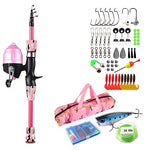 Kids fishing pole starter kit with pink spincast rod, tackle bag, lures, hooks, and spare line