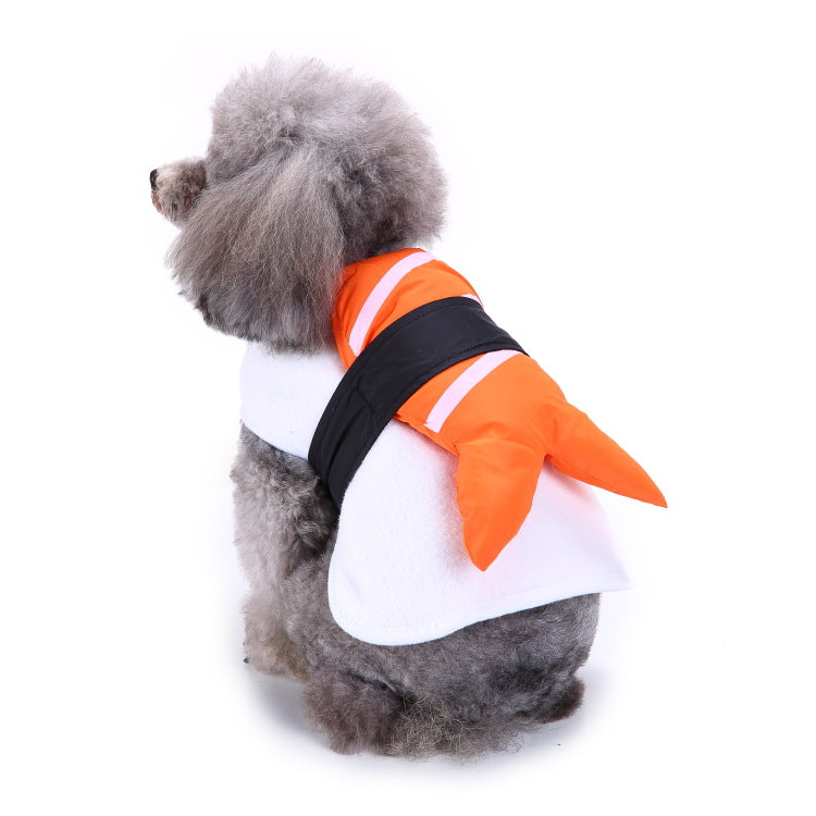 White-and-orange bird dog costume with black wings and orange trim
