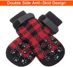 Dog socks in red and black plaid with double anti-skid paw-print grips