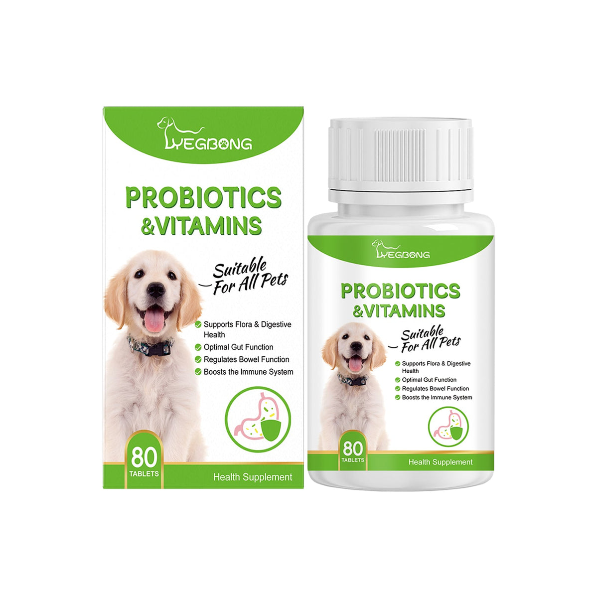 Probiotics & Vitamins supplement bottle and box, 80 tablets for pets