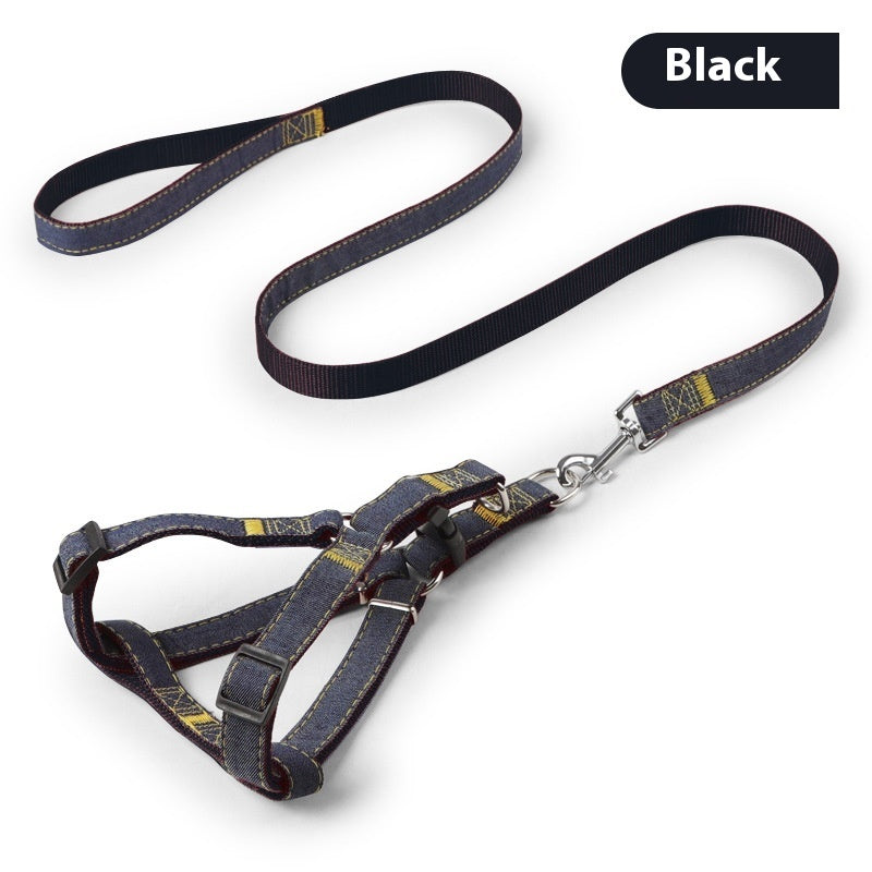 Black leash and denim dog harness set with metal snap clips and D-ring