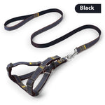 Black leash and denim dog harness set with metal snap clips and D-ring