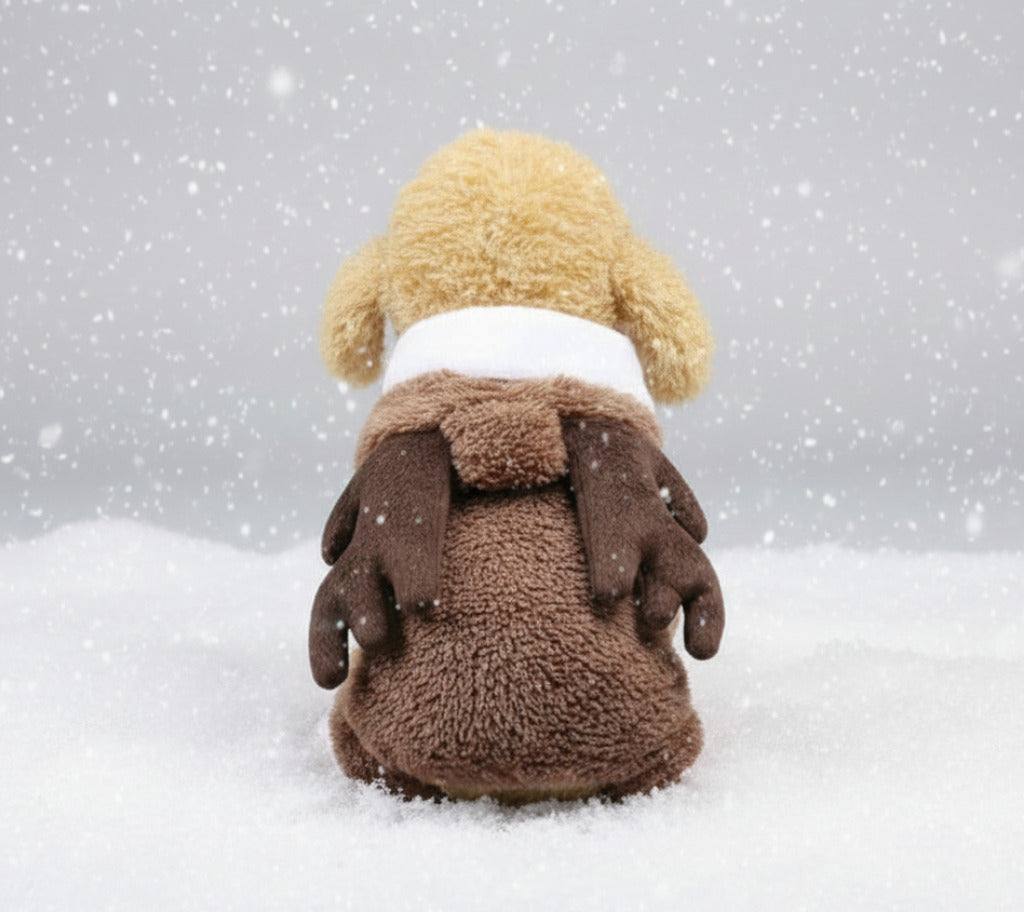Brown plush pet four-leg sweater with white hood collar and paw openings