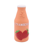 Strawberry latex squeaky dog toy, orange bottle with white cap and strawberry graphic