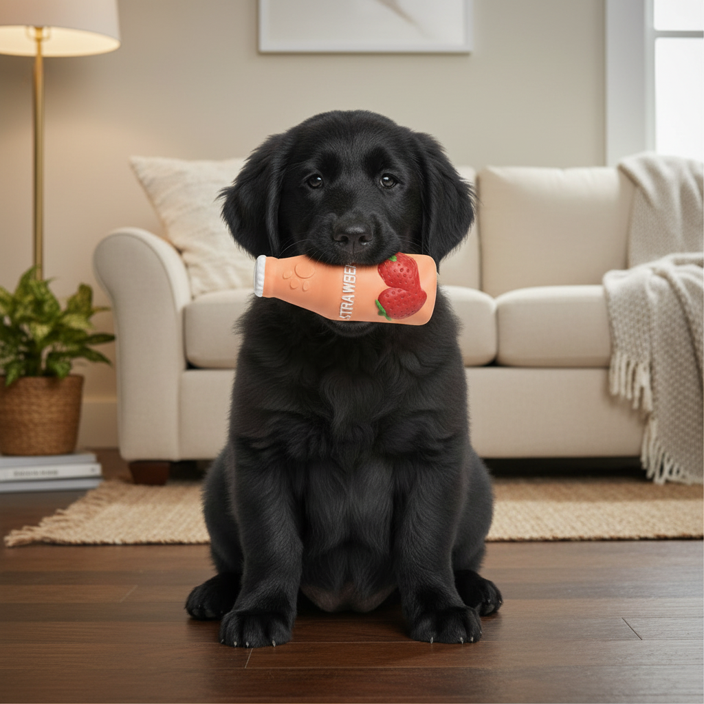 Strawberry latex squeaky dog toy, orange bottle with white cap and strawberry design in view