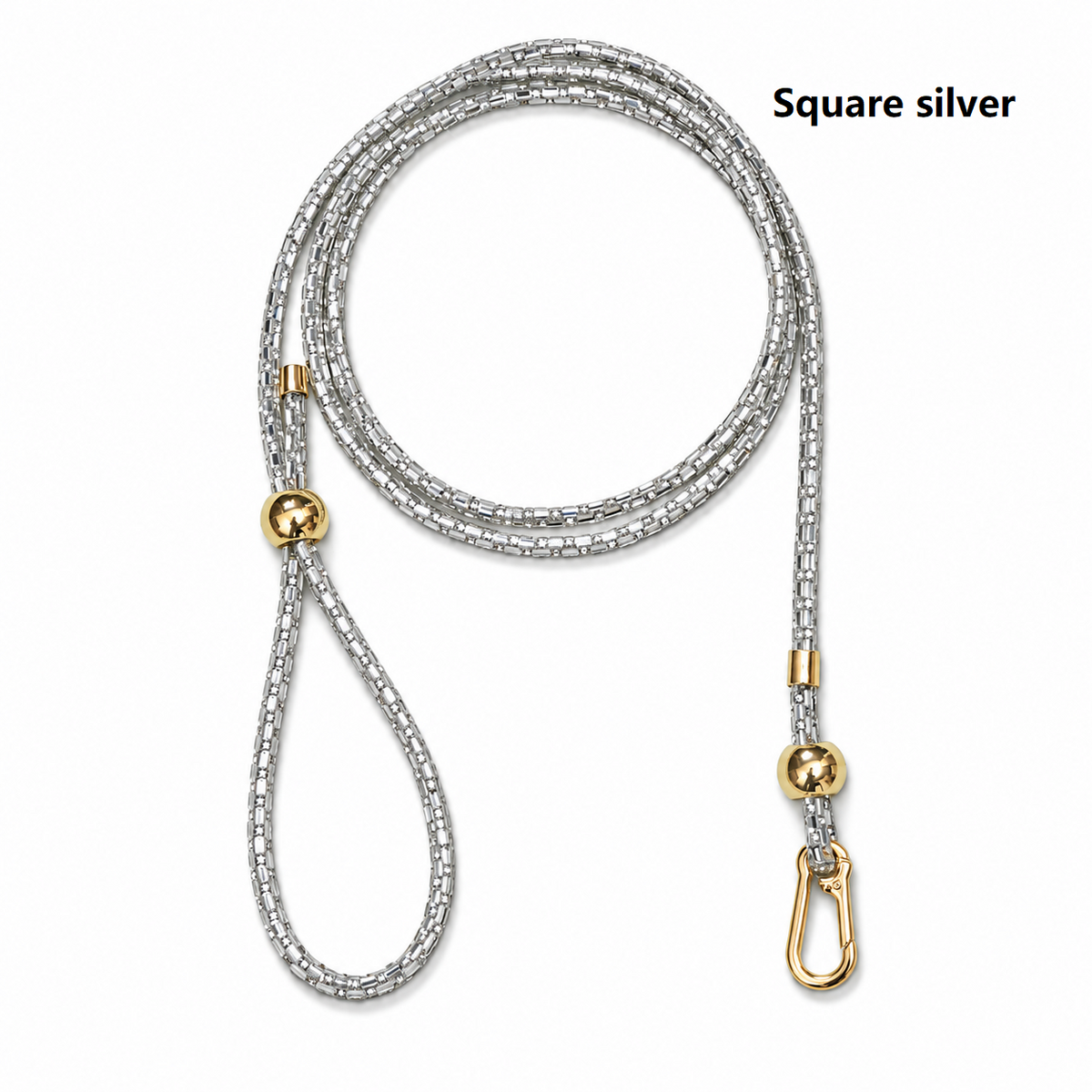 Square silver rhinestone dog slip leash with gold clasp and loop handle, adjustable rope.