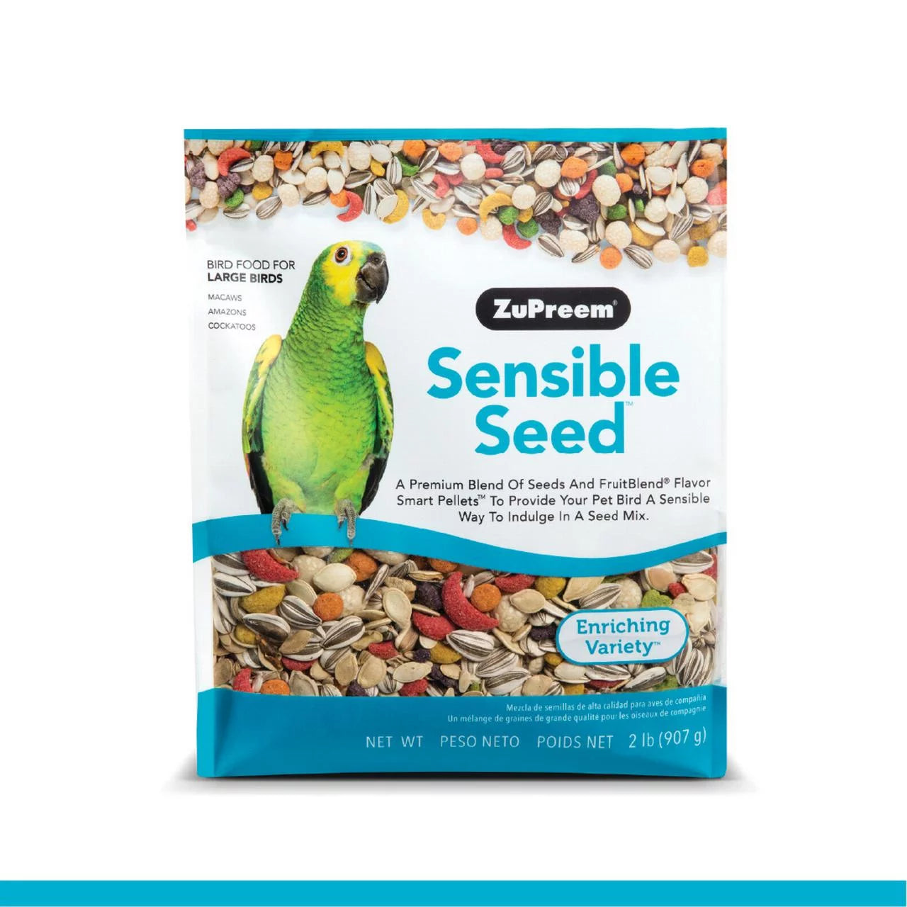 Bird seed mix bag with green parrot and assorted seeds