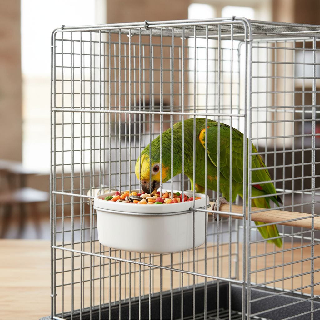 Mixed bird seed in a white bowl inside metal cage, with a green parrot