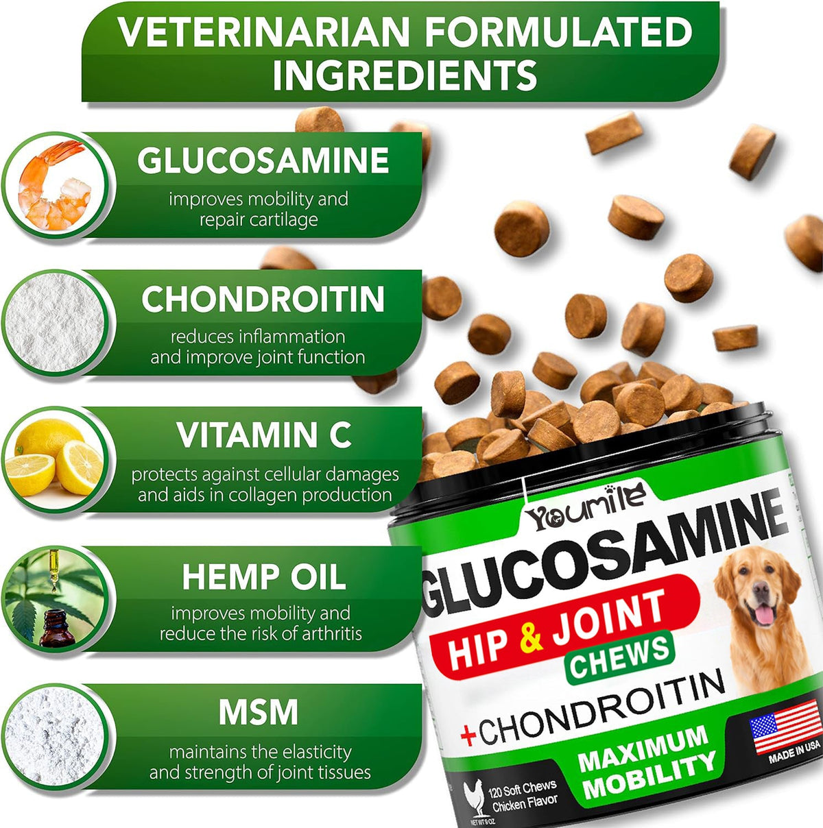 Pet joint supplement chews with green-labeled container and scattered brown chew pieces