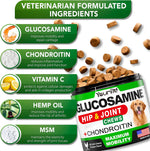 Pet joint supplement chews with green-labeled container and scattered brown chew pieces