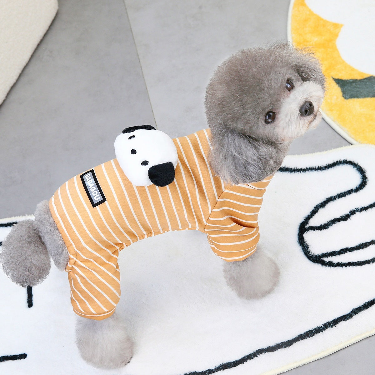Orange striped two-leg dog sweater with panda face patch and fluffy hood
