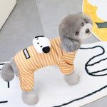 Orange striped two-leg dog sweater with panda face patch and fluffy hood
