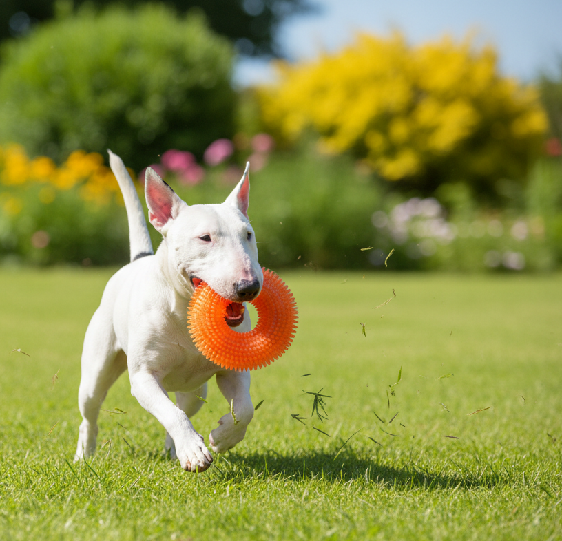 Orange spiky squeaky dog ball toy in a dog’s mouth outdoors