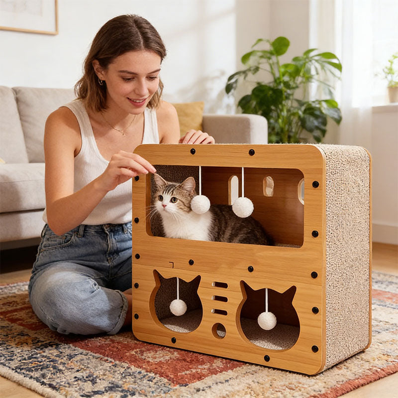 Cardboard cat house with window openings and hanging plush balls; white tabby cat inside