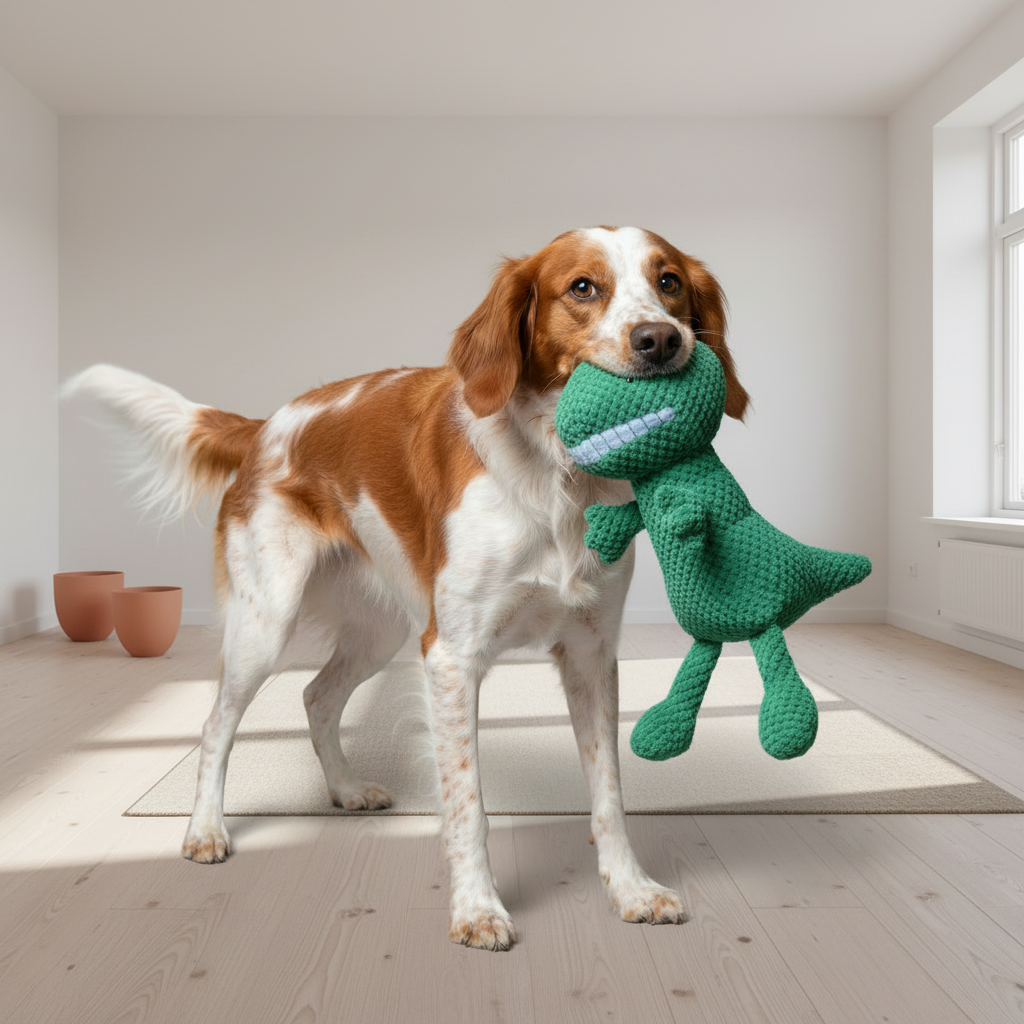 Green dinosaur plush pet toy with white tooth accents and textured fabric body