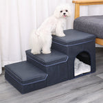 Dark blue padded dog stairs with three steps and an enclosed lower bed
