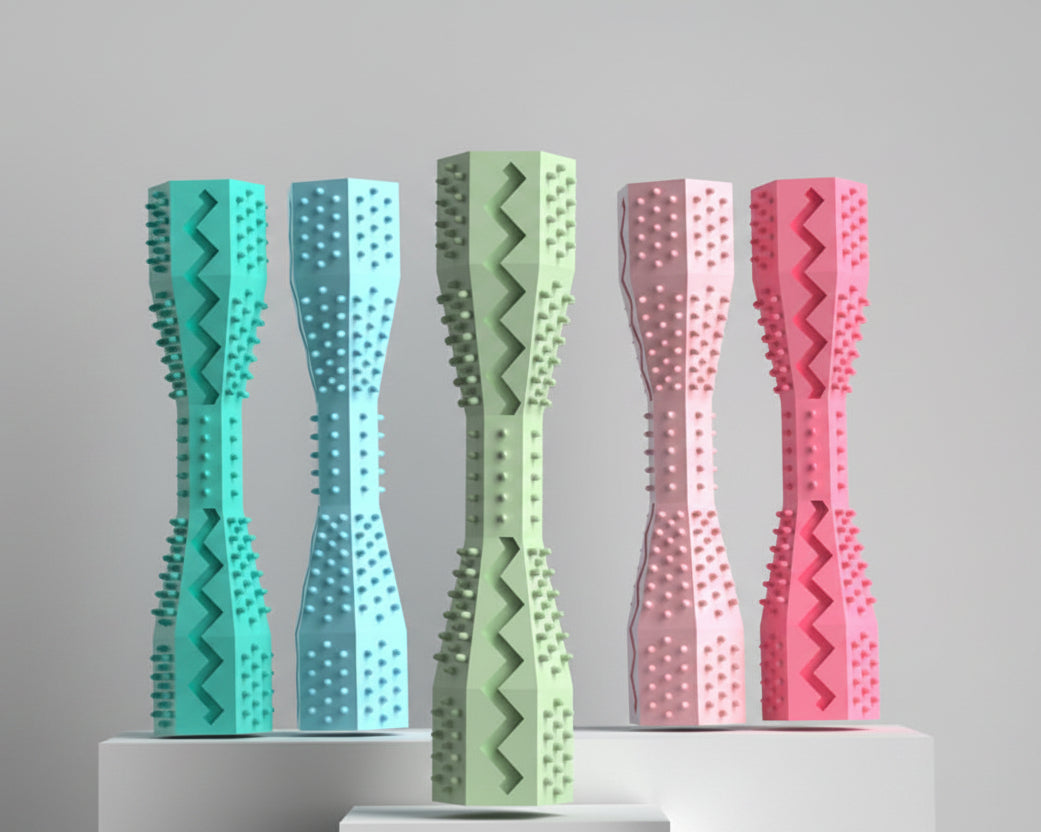 Wear-resistant dog chew toy clip, ridged bone shape, assorted blue green and pink colors