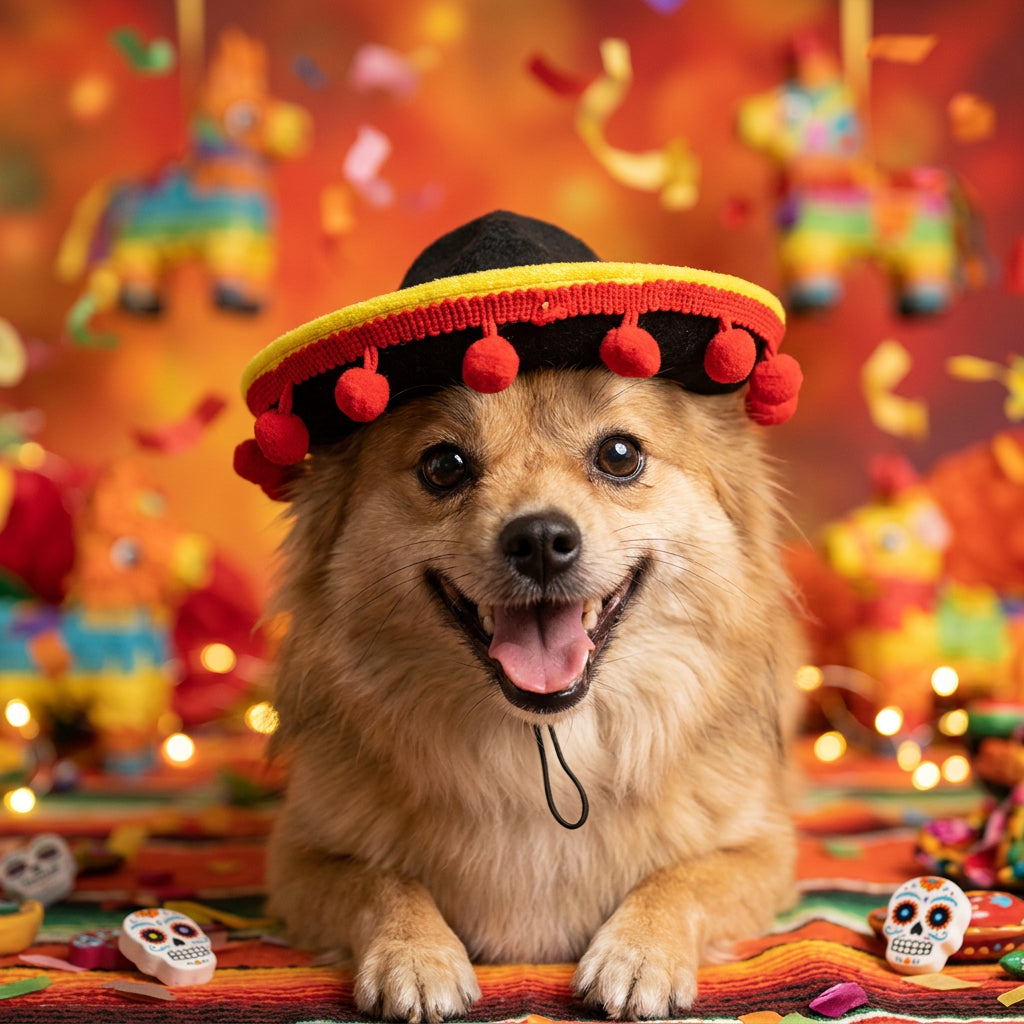 Red and yellow hot dog hat with black top and red pom-poms, worn by dog