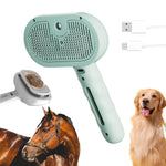 Pet steam brush with mint-green handle and textured stainless-steel cleaning plate