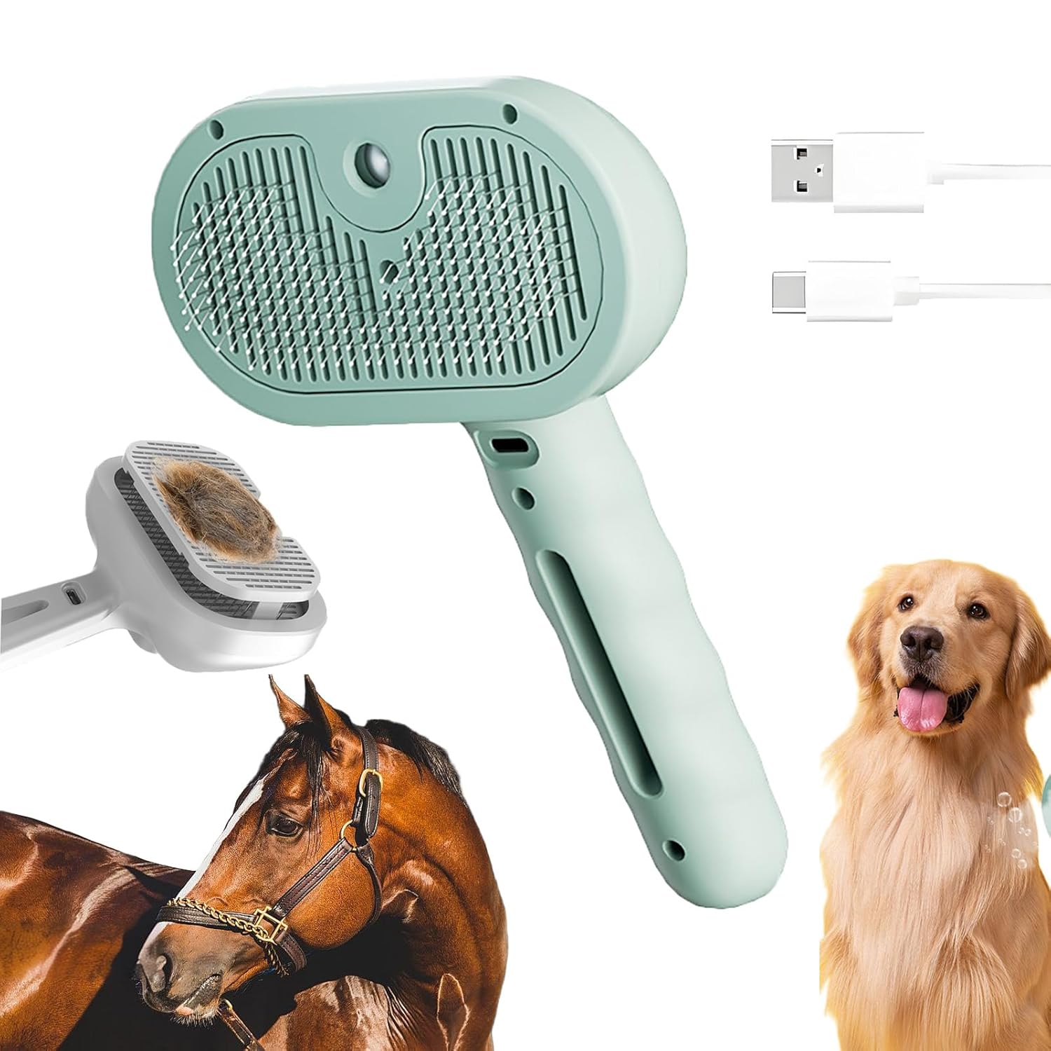 Pet steam brush with mint-green handle and textured stainless-steel cleaning plate