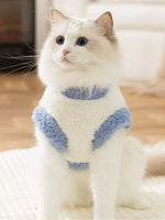 White plush pet sweater with light-blue collar and matching blue patch details