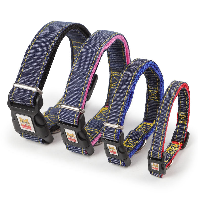 Denim dog harness set with five adjustable straps and black plastic buckles