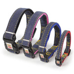 Denim dog harness set with five adjustable straps and black plastic buckles