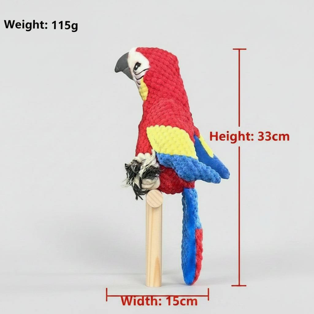 Colorful red, blue, and yellow parrot plush pet toy, 33cm tall, 15cm wide
