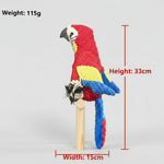 Colorful red, blue, and yellow parrot plush pet toy, 33cm tall, 15cm wide