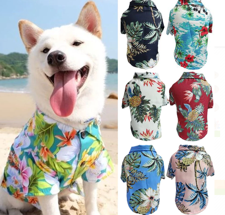 Tropical pet shirts with pineapple and leaf prints in multiple colors
