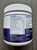 Dog multivitamin chew jar back label with supplement facts, ingredients, and directions